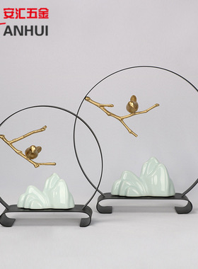 新中式古典禅意假山鸟摆件客厅博古架样板书房间家居软装饰工艺品