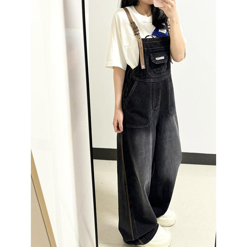 美式复古黑色牛仔背带裤女夏季2026新款设计感宽松直筒工装吊带裤