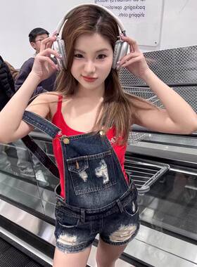 奶fufu甜盐系小个子学生减龄牛仔背带短裤女破洞显瘦显高两件套夏