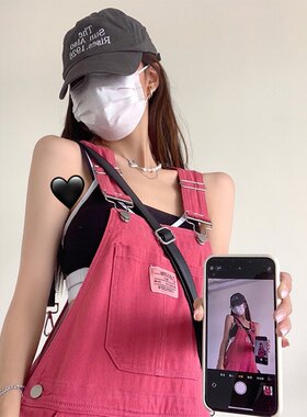 2025春夏季新款玫红色牛仔背带裤女高腰学生减龄宽松直筒连体长裤