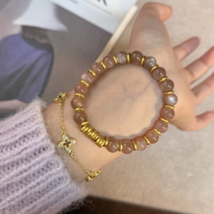 原创设计感天然水晶手链Y302 8mm橙月光手串女时尚 金芒鎏光