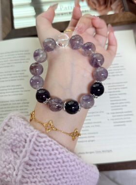 【冰葡果汁】14mm天然紫幽灵紫水晶白水晶手串设计水晶手链Y32