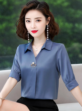 雪纺衬衫女中袖上衣2020春夏新款夏季遮肚子小衫时尚洋气白衬衣寸