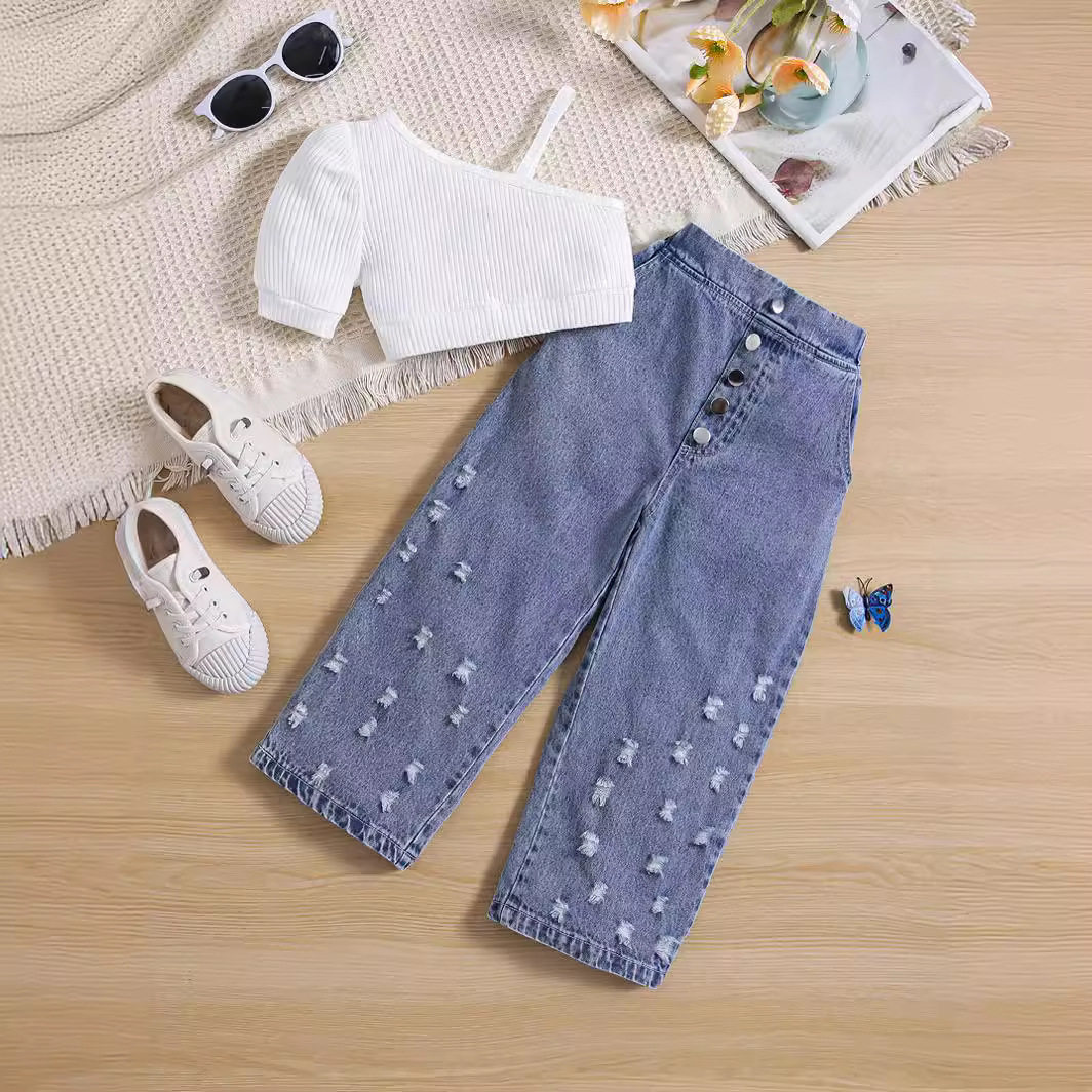 亚马逊外贸童装纯色圆领露肩上衣印多扣破洞牛仔裤女童套装,童装/婴儿装/亲子装,儿童牛仔裤,淘宝优惠券,粉丝福利购,淘宝优惠卷