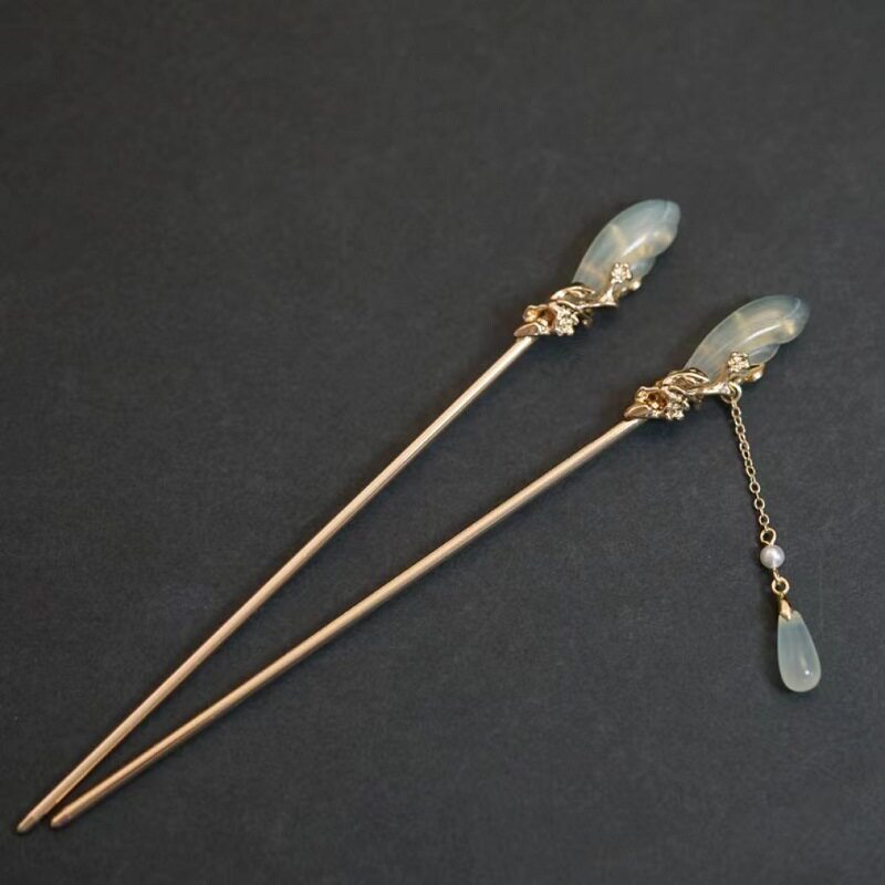 岫玉兰花金属发簪古风仿玉流苏步揺发钗简约汉服旗袍盘发簪子头饰