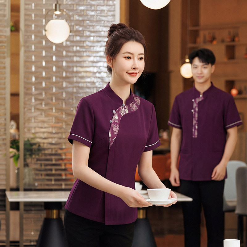 高档酒店服务员工作服短袖餐厅酒楼制服女夏季立领刺绣工装