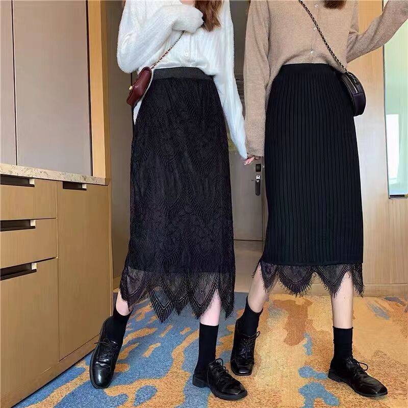 秋冬装新款时尚毛线裙女中长款加厚两面穿针织蕾丝半身裙一步裙子