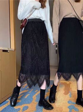 秋冬装新款时尚毛线裙女中长款加厚两面穿针织蕾丝半身裙一步裙子