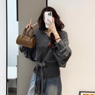 新款 女春季 收腰显瘦纯色百搭上衣 绑带V领针织衫 韩系慵懒风蝙蝠袖