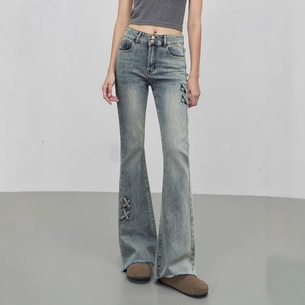 大码复古美式弹力牛仔裤女春春胖mm修身高腰显瘦直筒马蹄微喇叭裤