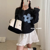 韩系花朵提花圆领毛衣女2026秋宽松洋气短款 上衣潮 套头毛针织衫