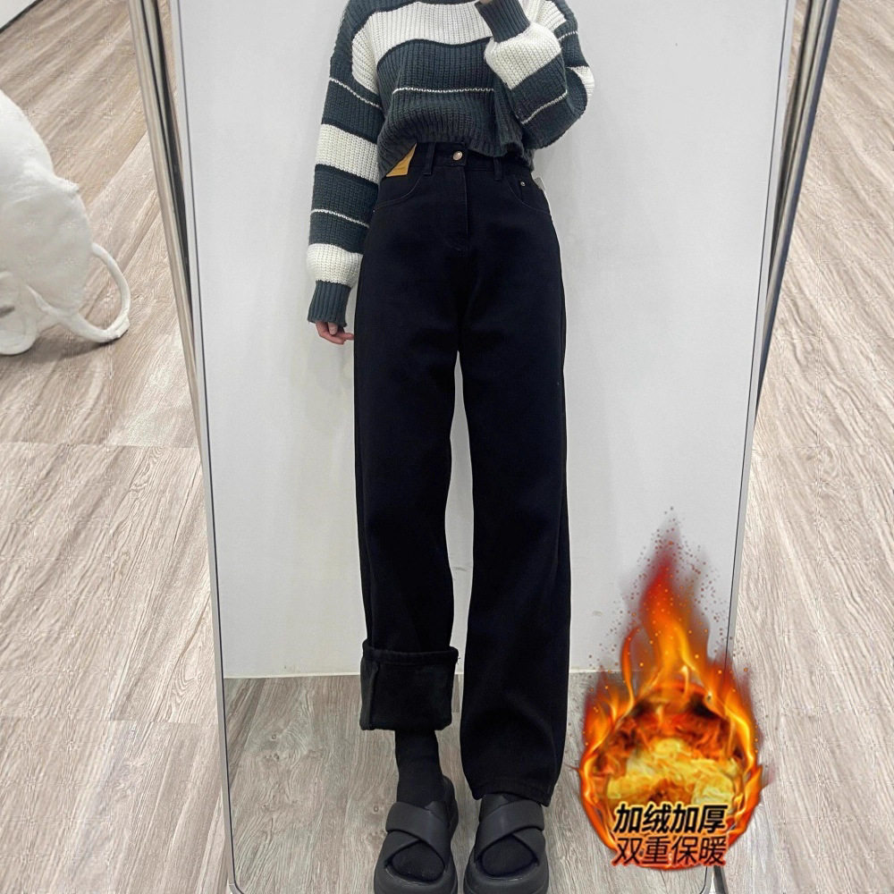 黑色加绒加厚牛仔裤女秋冬大码胖mm梨形身材直筒宽松显瘦阔腿裤子