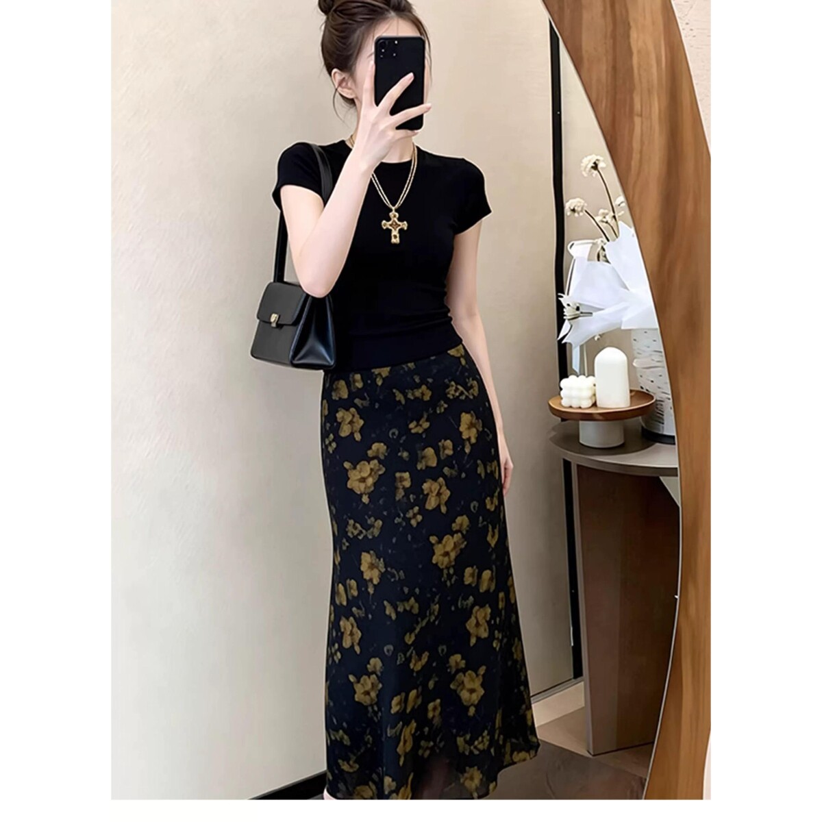 新中式复古碎花鱼尾纱裙两件套