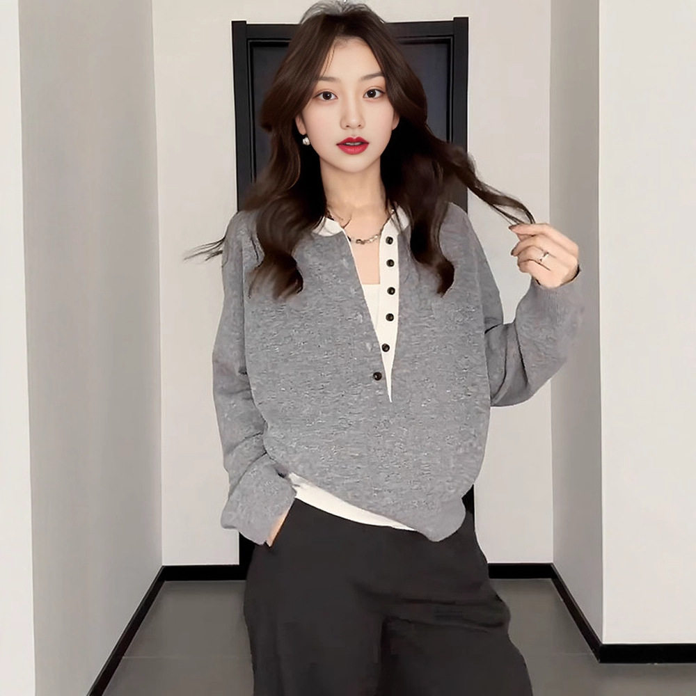洋气减龄假两件毛衣针织衫早秋新款胖mm宽松半开门襟内搭外穿上衣