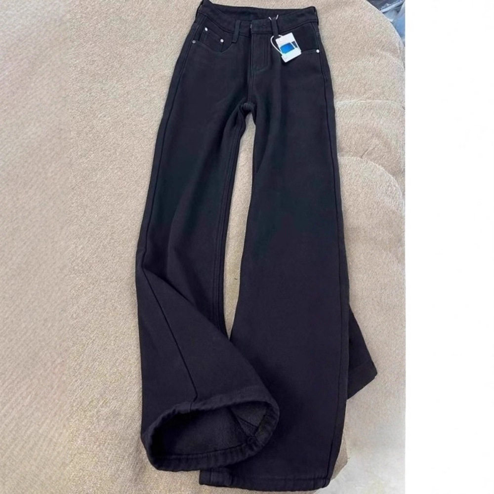 大码加绒黑色牛仔裤女秋冬2026新款胖mm宽松显瘦高腰直筒阔腿裤子