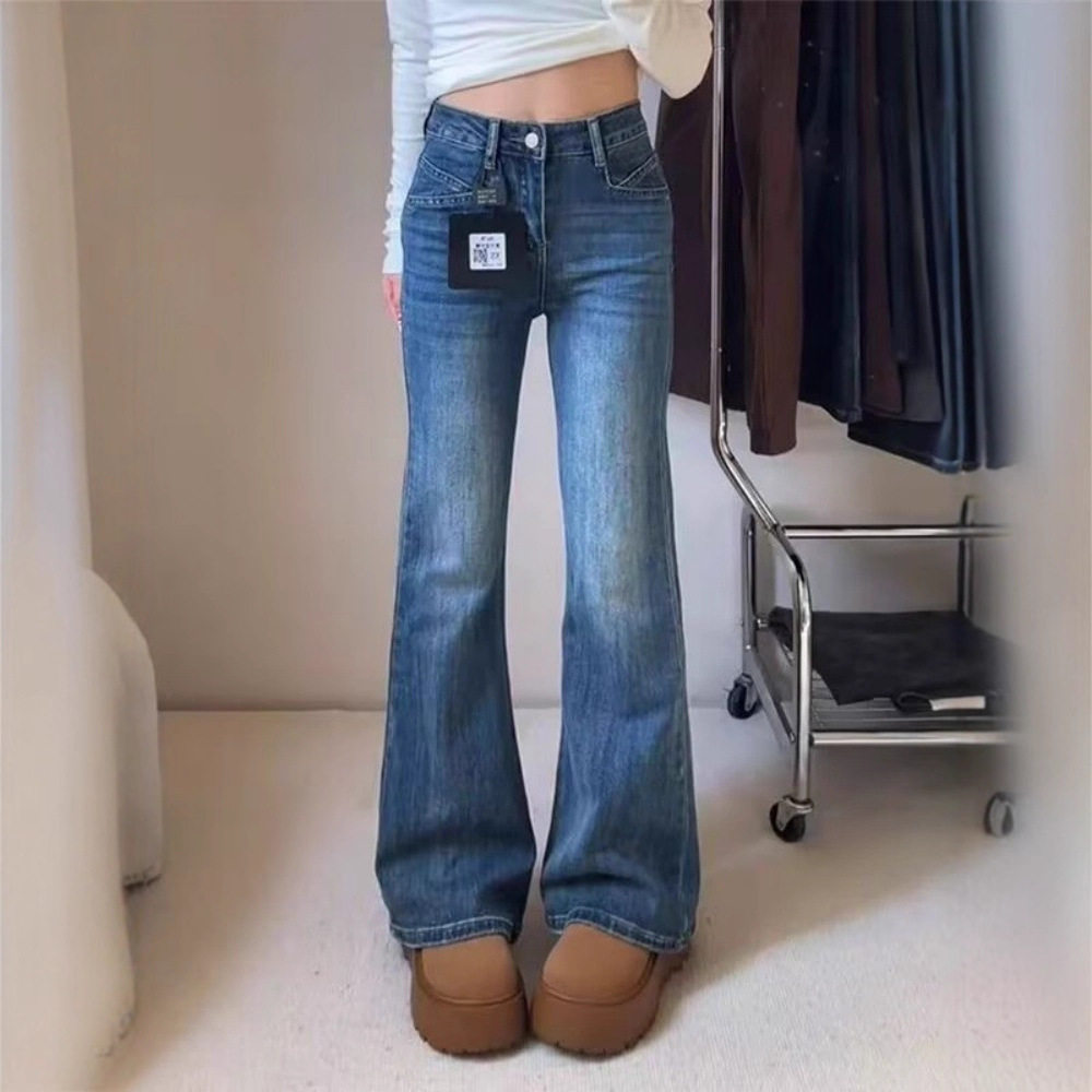 大码复古弹力加绒加厚微喇裤牛仔裤女春胖mm高腰显瘦直筒马蹄裤