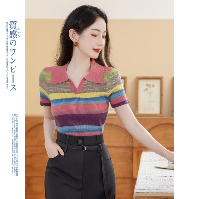 设计感小众显瘦夏装法式领彩虹条纹别致短袖半裙套装女现货动漫