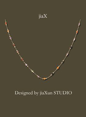 天然彩色石串珠项链女复古锁骨链