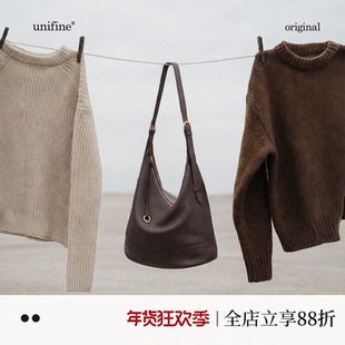 unifine川行牛皮水桶包女2025新款高级感小众斜挎包真皮单肩包包