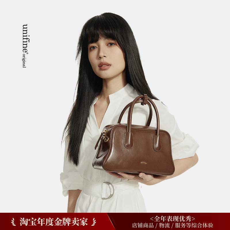 unifine保龄球波士顿包真皮复古手提枕头包油蜡皮斜挎单肩女包包