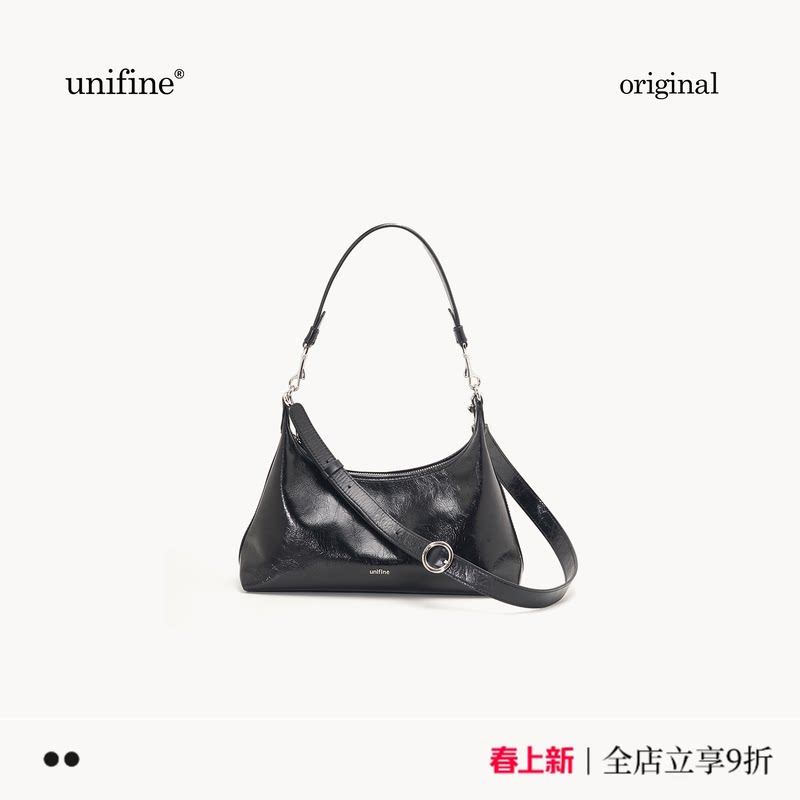 unifine新款油蜡牛皮斜挎包黑色手提单肩腋下包真皮女包446元