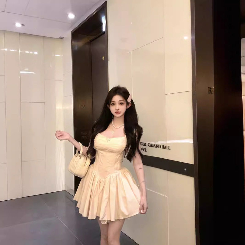 纯欲风方领连衣裙女夏季蕾丝拼接连衣裙