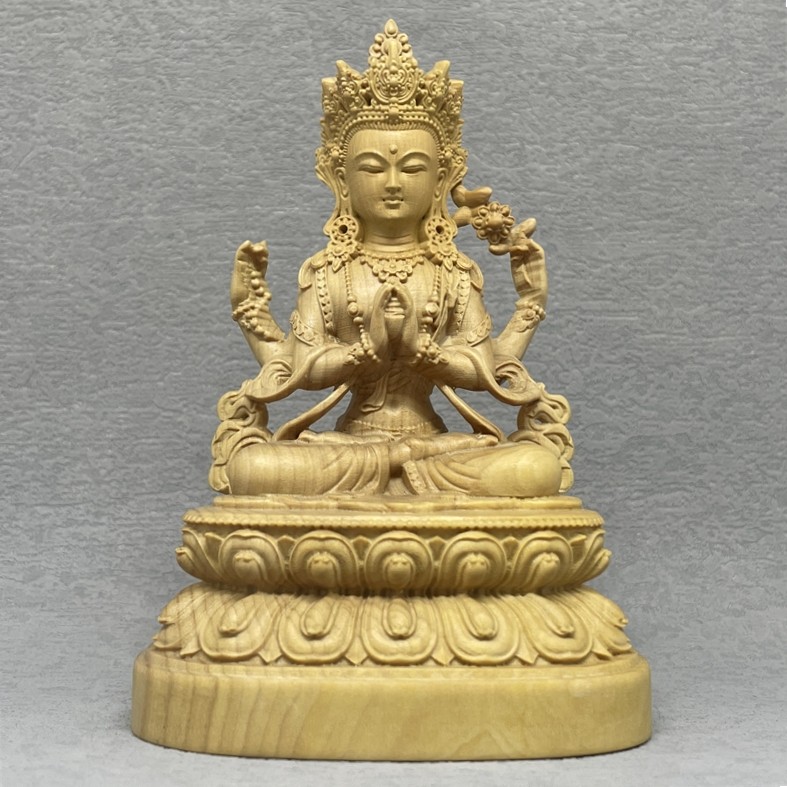小叶黄杨木雕藏传密宗藏式佛像四臂观音菩萨摆件家居供奉家中摆放