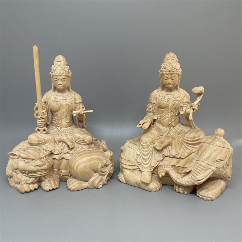 《正宗小叶黄杨木》文殊普贤佛像