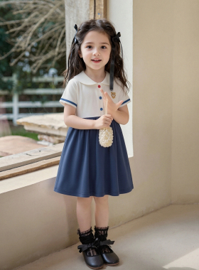 2026日系女童短袖裙子日系儿童卡通可爱小熊刺绣海军领连衣裙夏季