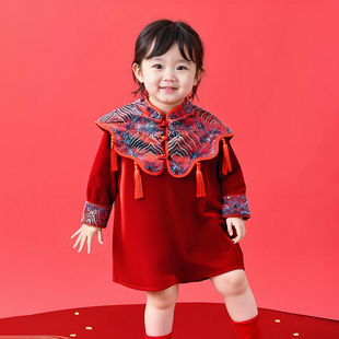 晨舞 女宝宝周岁礼服婴幼儿百日宴公主连衣裙抓周新中式国风红色