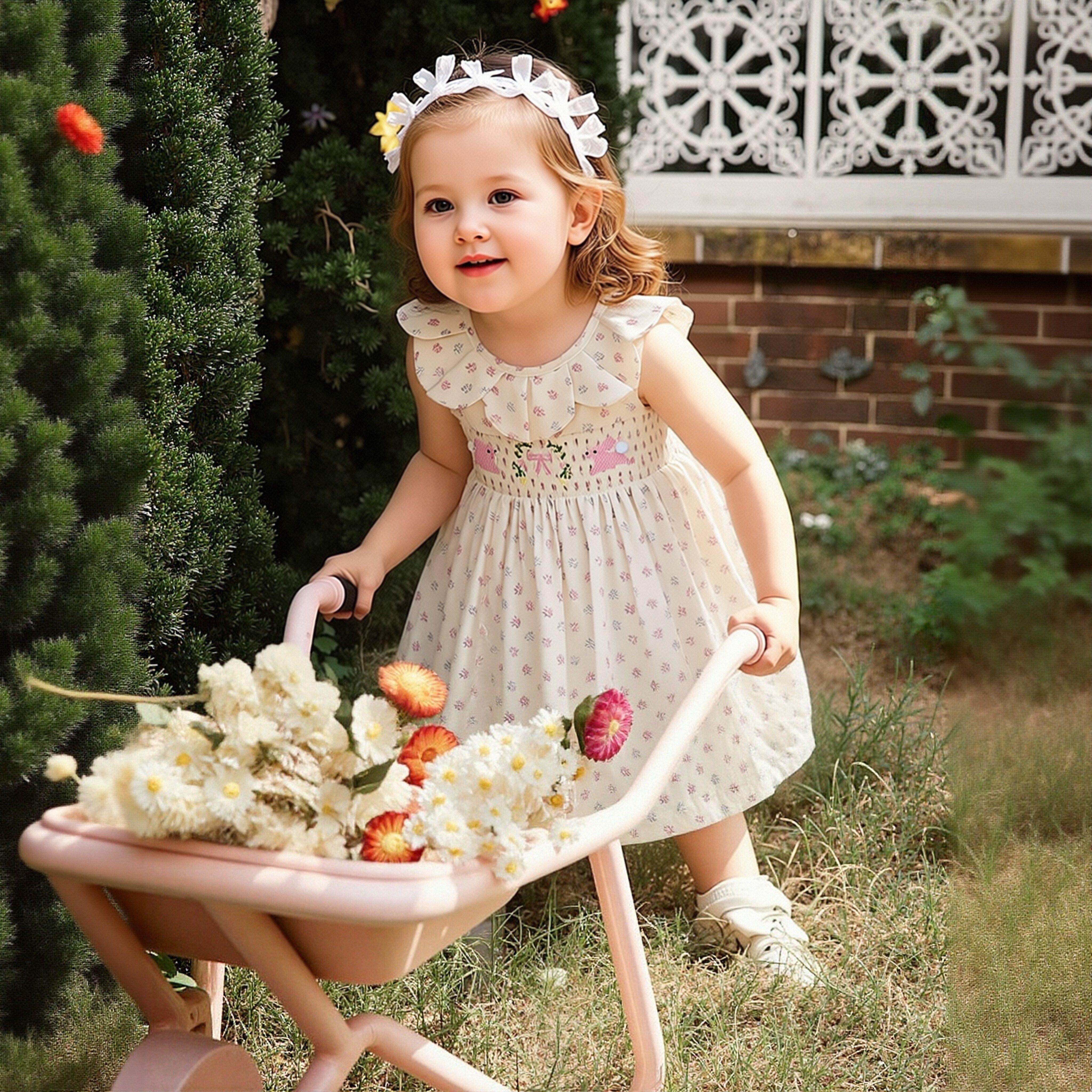 夏季女童打揽裙韩版无袖印花裙花瓣领童裙可爱卡通小兔子公主裙