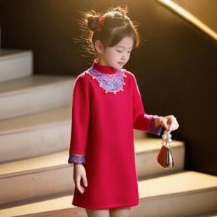 晨舞 女童长袖连衣裙儿童宝宝公主红色喜气拜过年服装毛呢中国风
