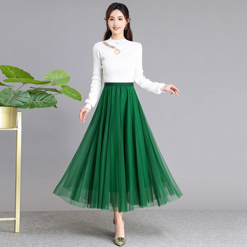 网纱半身裙女2024新款女小个子长裙a字高腰显瘦大摆妈妈跳舞裙子