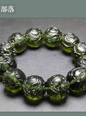 高端收藏天然捷克橄榄绿雕刻龙头手链玻璃陨石男士大颗粒手串22mm