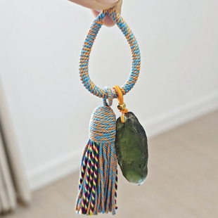 藏式 千里江山流苏包挂天然捷克玻璃陨石橄榄绿原石片钥匙扣小提溜