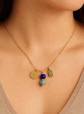 钛钢金色天然石吊坠项链女时尚小众轻奢设计感锁骨链个性DIY星座