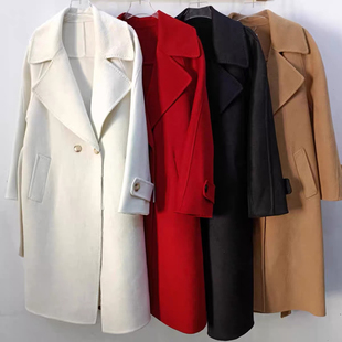 D114 双面呢大衣淑女翻领设计感长款腰带收腰中长款毛呢外套1.62