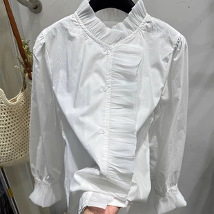 E754法式 高级感设计小众立领花边 宫廷风木耳边棉衬衫 女春秋新款