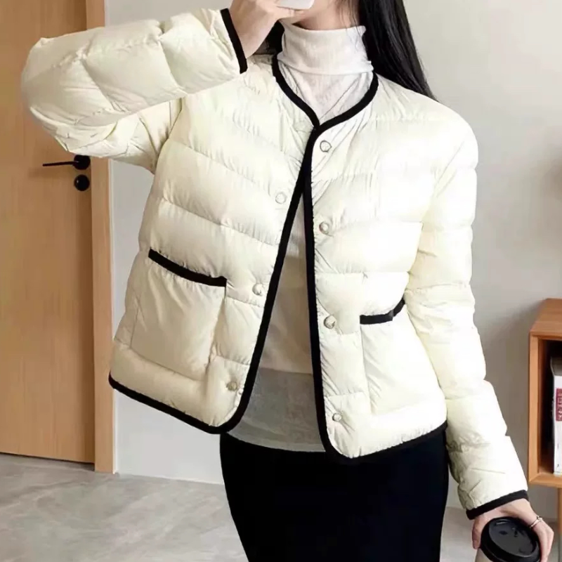 A603小香风撞色圆领羽绒服女短款新款法式小个子90白鸭绒冬季外套