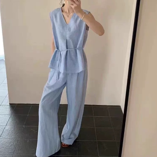 套装 B203夏季 阔腿裤 V领上衣休闲裤 2件套女 背心宽松无袖