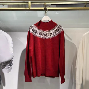 C242圣诞风费尔岛半高领红色毛衣女秋冬宽松软糯套头针织衫