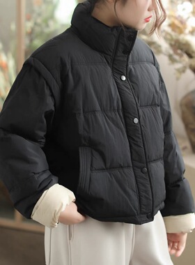 B754新款原创文艺休闲灰色宽松拼接短款小个子女款棉衣