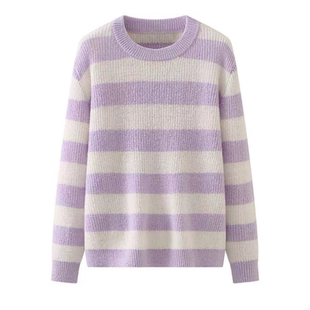 D013圆领条纹针织毛衣女百搭慵懒风宽松针织衫春季套头青春靓丽