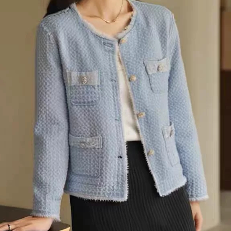 A504牛仔提花镂空薄棉小香风外套女秋高级感气质毛边外套