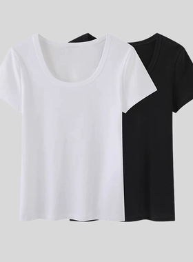 D614夏季新款百搭修身显瘦纯色修身短款气质低圆领短袖T恤纯棉女