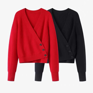 针织衫 A664 斜扣v领长袖 设计感宽松百搭短款 红色毛衣女潮 新款