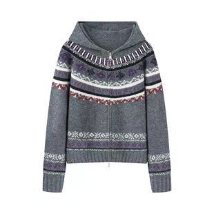 C204冬新款费尔岛系列连帽拉链针织开衫女羊毛外套1461