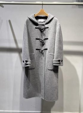 A503双面呢大衣 冬季加厚淑女牛角扣连帽中长款毛呢外套1.42
