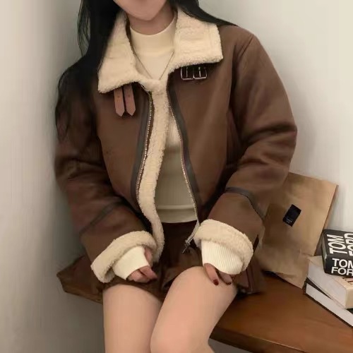 D312复古皮毛一体麂皮机车服女装宽松休闲时尚洋气时髦棉外套