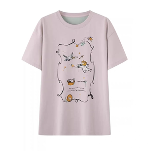 B043 夏季新品时尚减龄宽松 印花粉色圆领短袖T恤